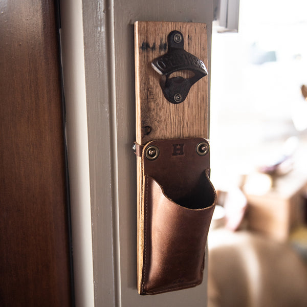 Personalized Wall Mounted Bottle Opener - Cap Catcher - Fine Leatherat Holtz Leather