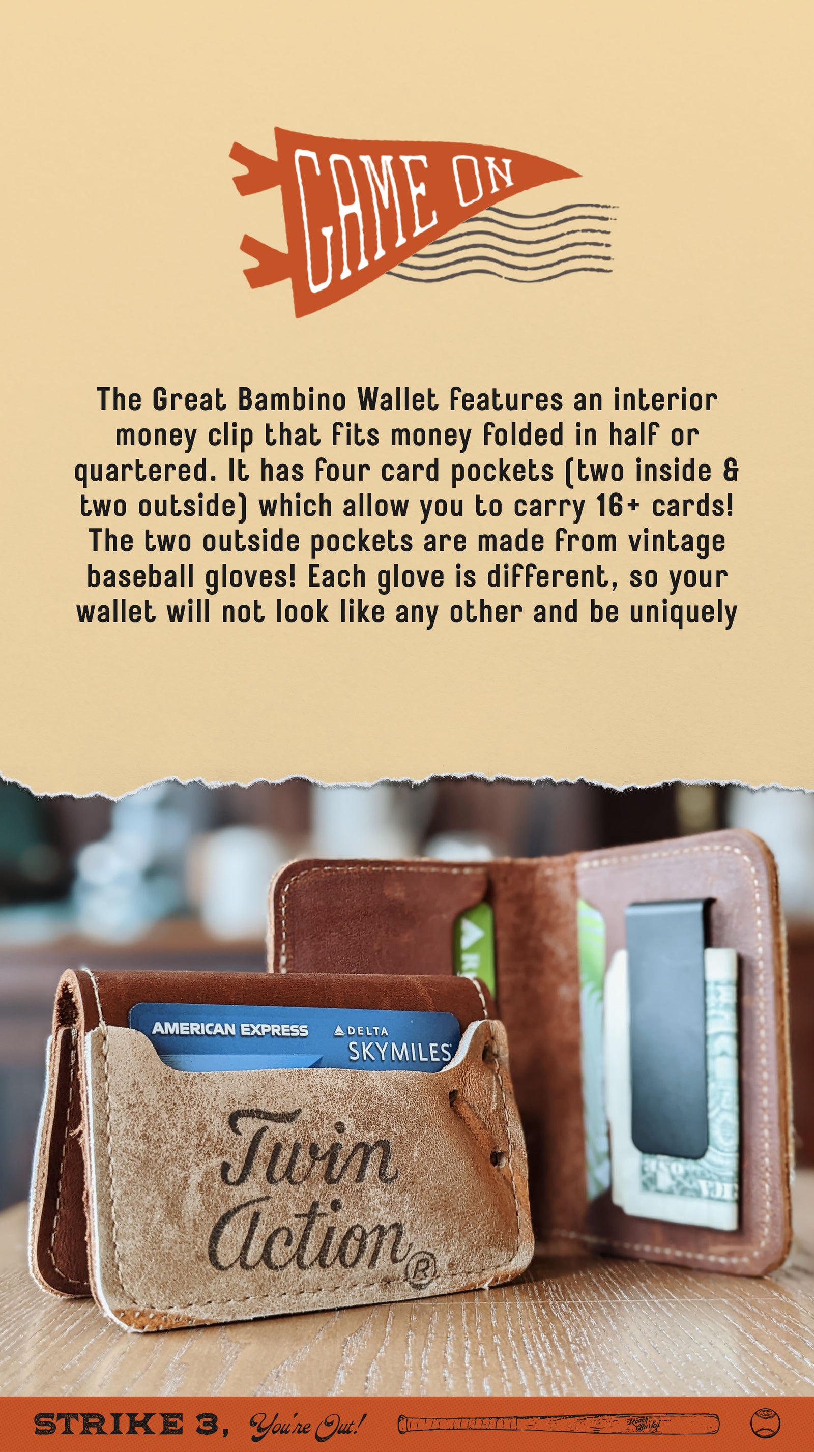 The Great Bambino ~ Vintage BASEBALL GLOVE Front Pocket Wallet