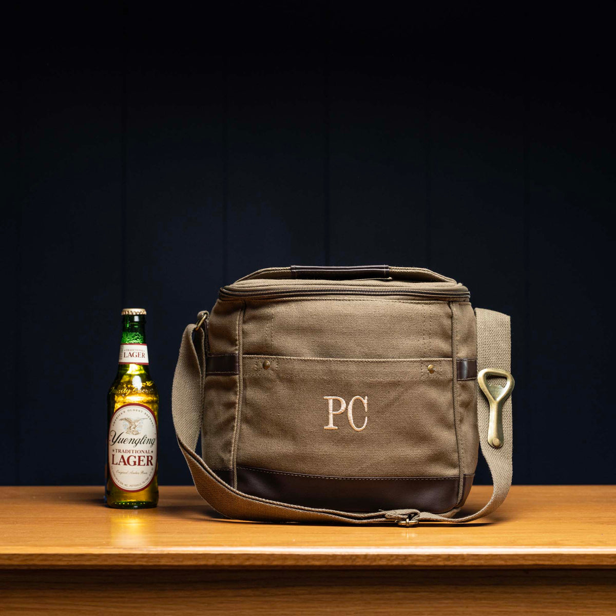 Personalized Drink &amp; Beer Cooler - Embroidered Canvas with Leather Accents