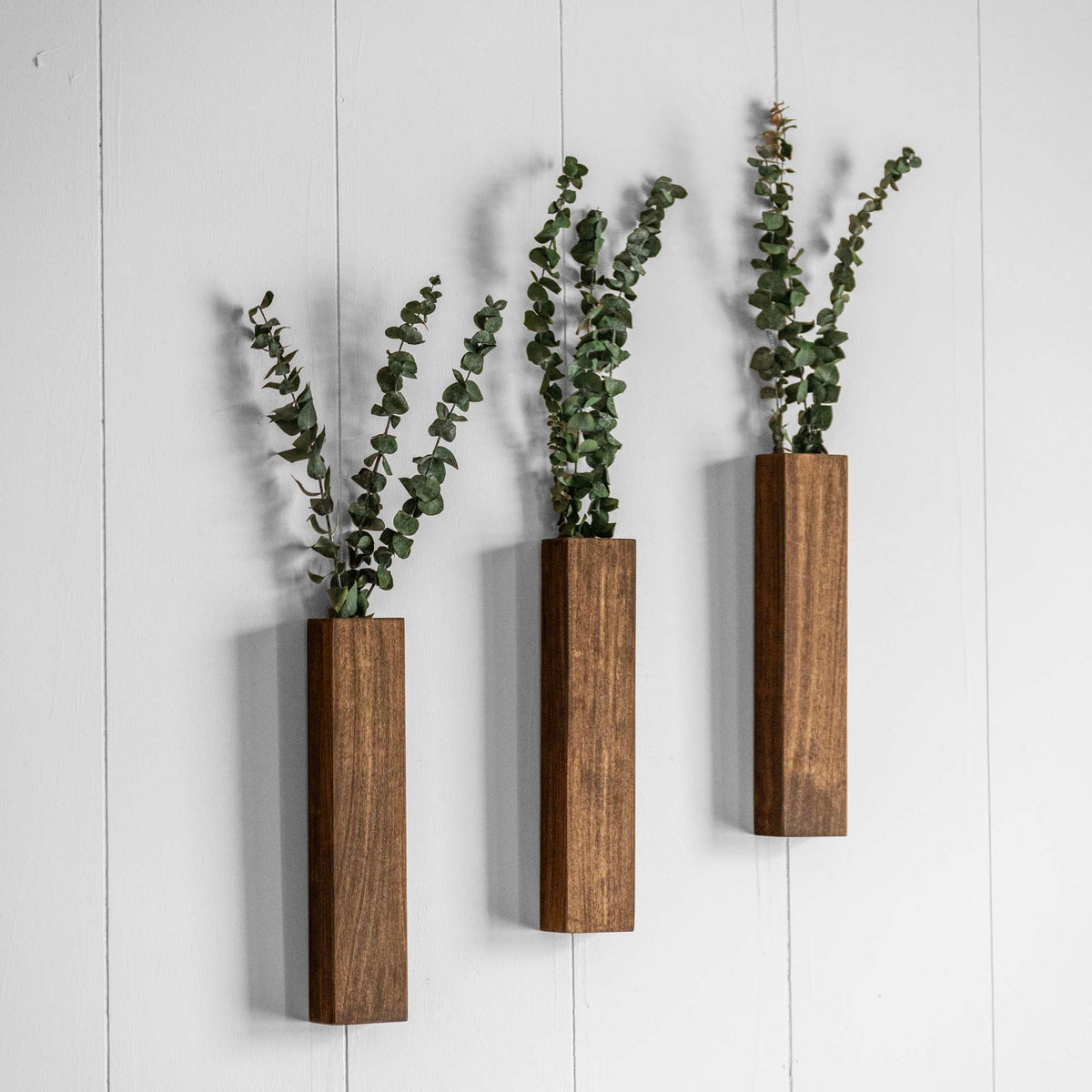 Slim 12 Inch Wood Wall Planter Sconce Vase with Pocket &amp; Eucalyptus