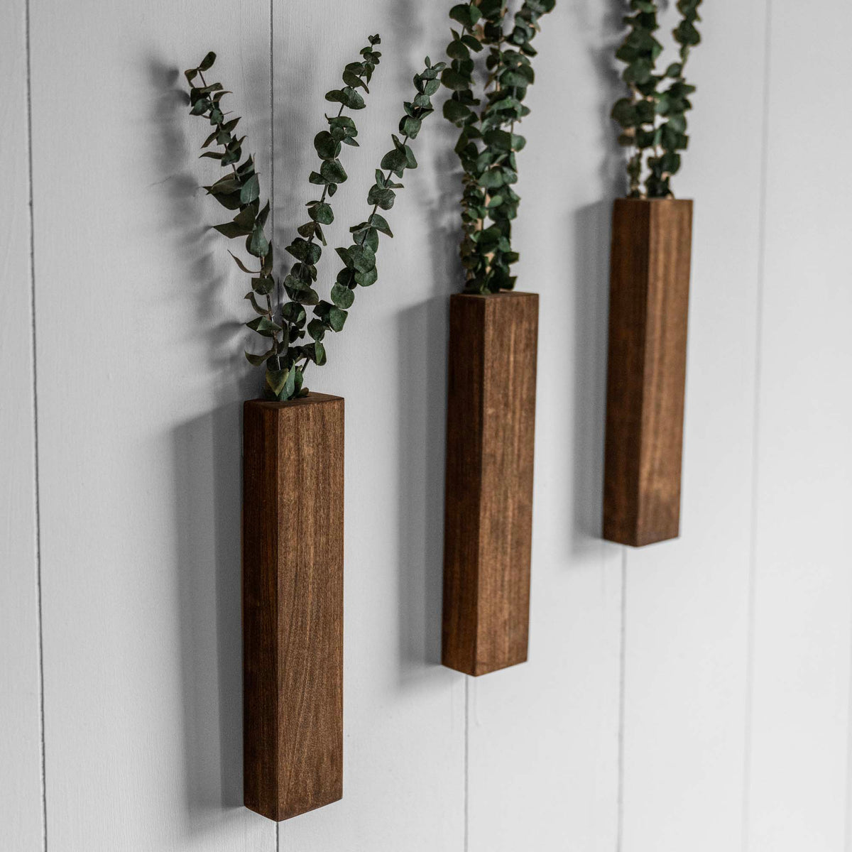 Slim 12 Inch Wood Wall Planter Sconce Vase with Pocket &amp; Eucalyptus