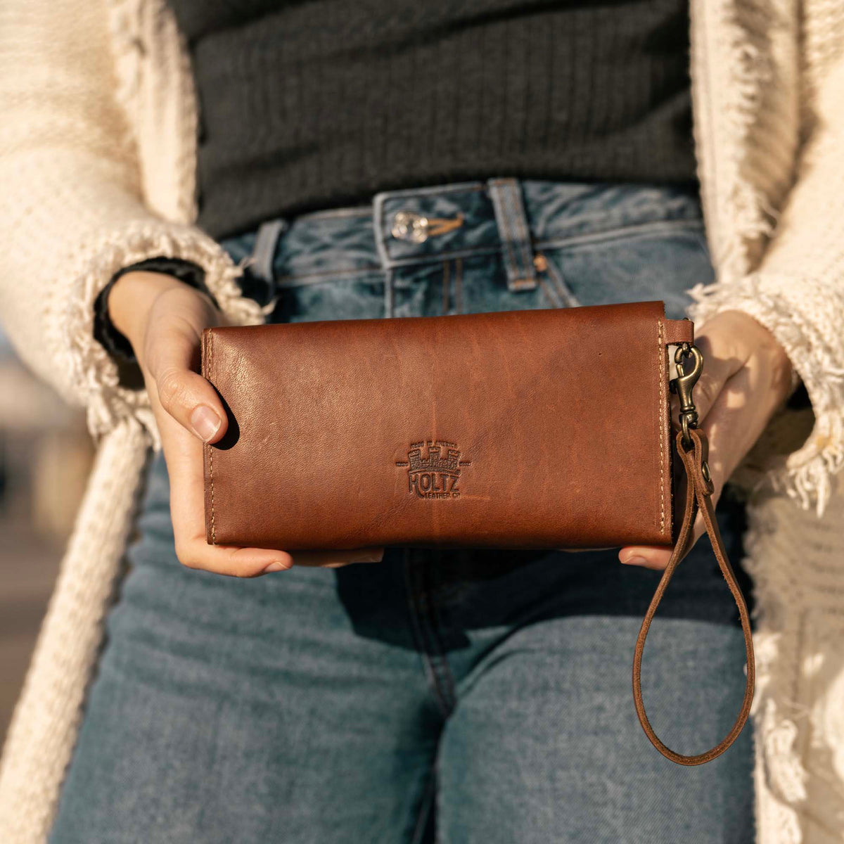 The Jackie O Personalized Leather Clutch Wallet with Wristlet