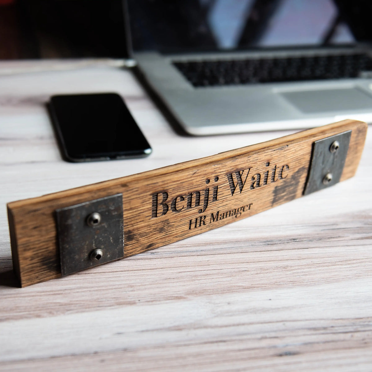 Your Logo + Our Barrels - Whiskey Barrel Executive Desk Name Plate Sign - Custom Logo and Corporate Gifting