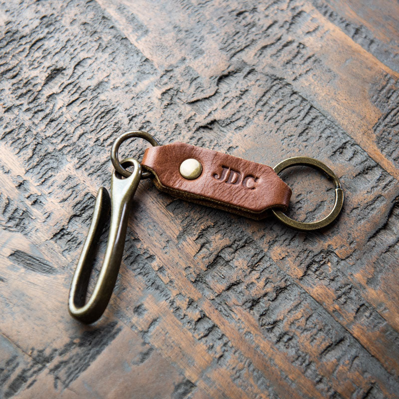 Personalized fine leather key chain with initials and antique brass hook