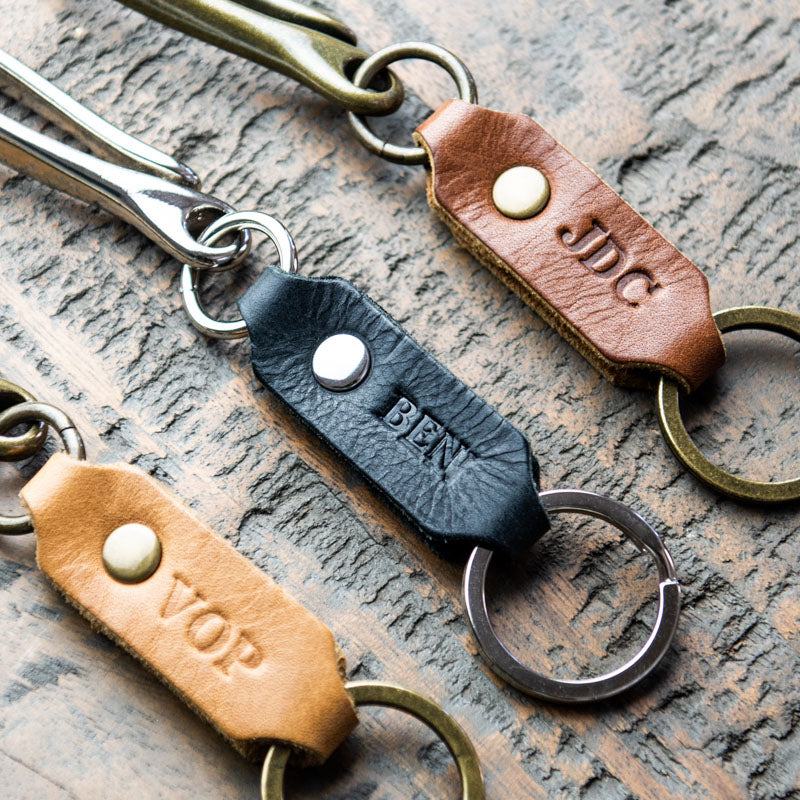 Personalized fine leather key chain with initials and antique brass hook