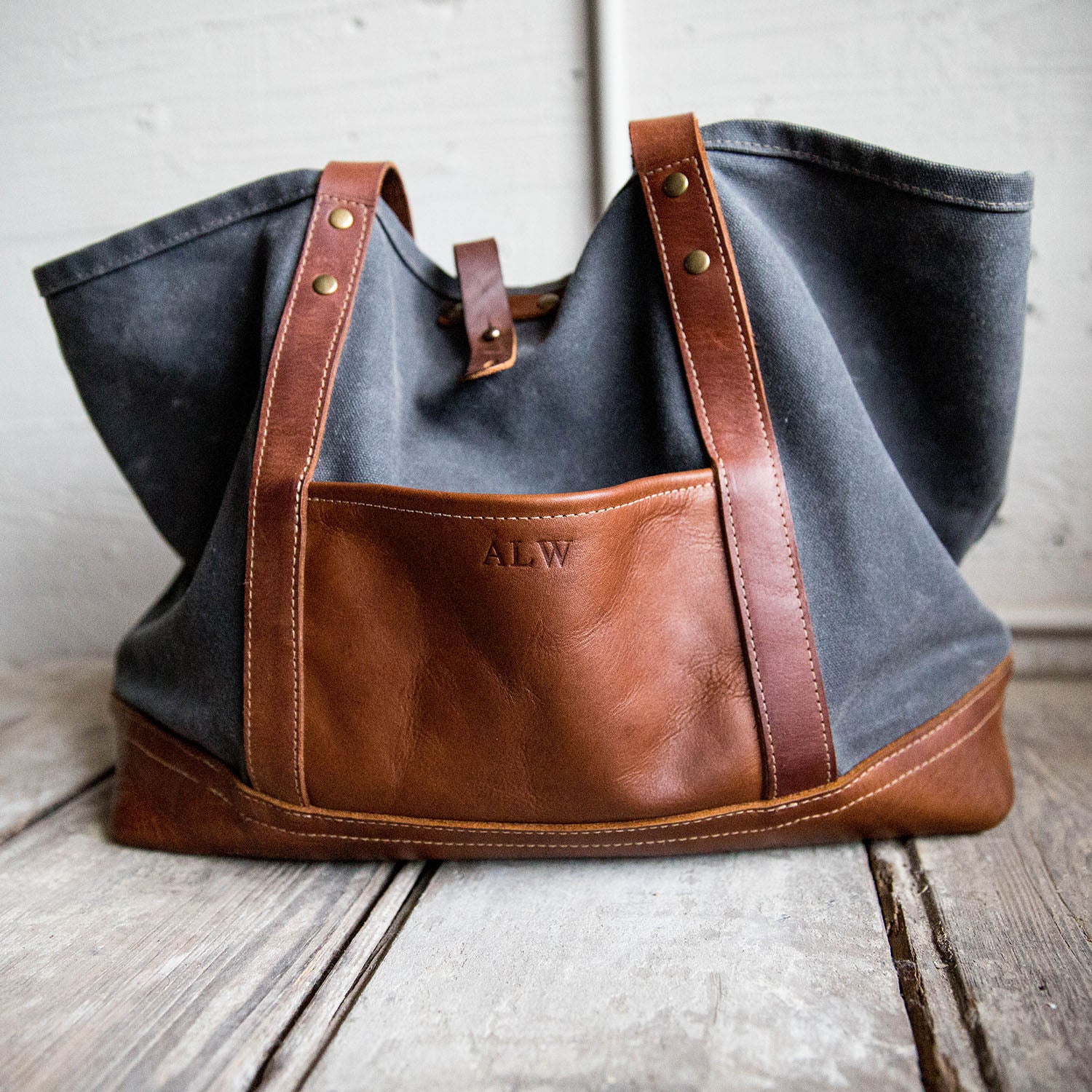 Tote Bag - Bourbon Wax Cotton Duck Canvas with Natural Leather Trim None