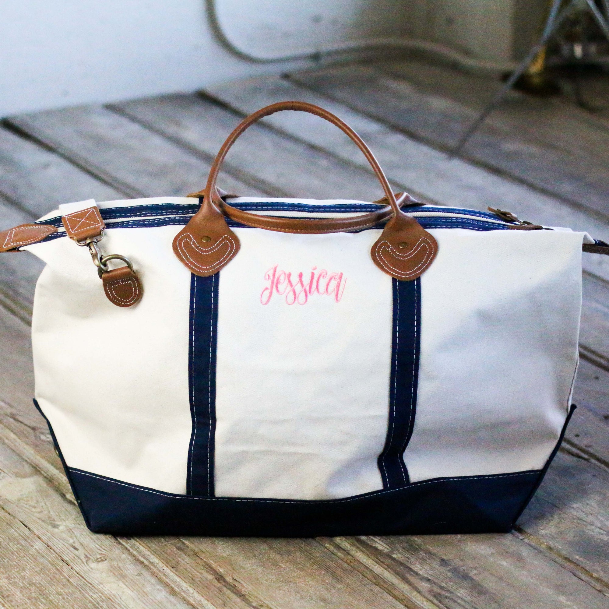 Navy and white canvas overnight weekend bag