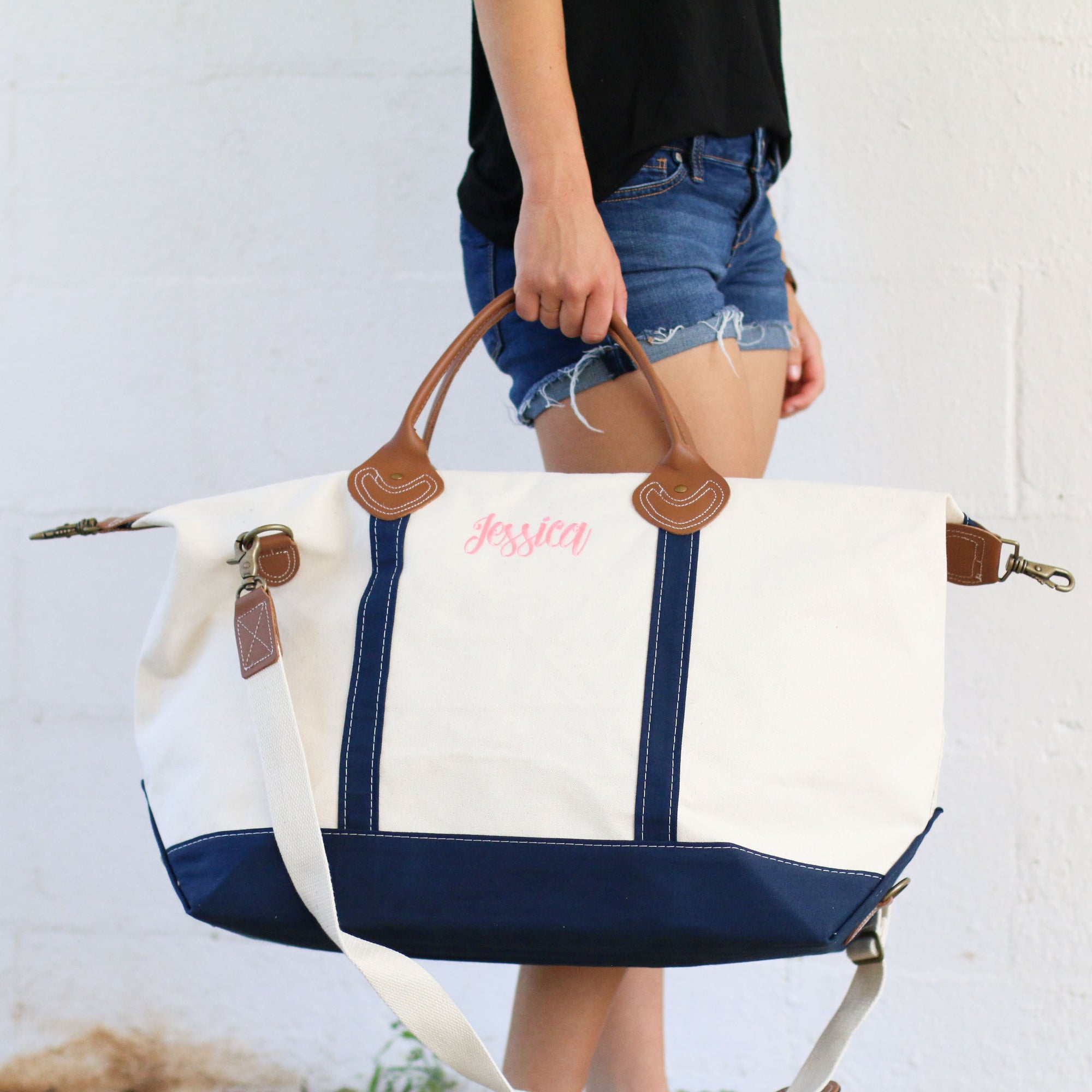 Navy and white canvas overnight weekend bag