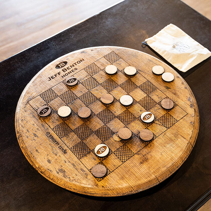 Checkerboard side table made of Tennessee Whiskey Barrel with customized logo